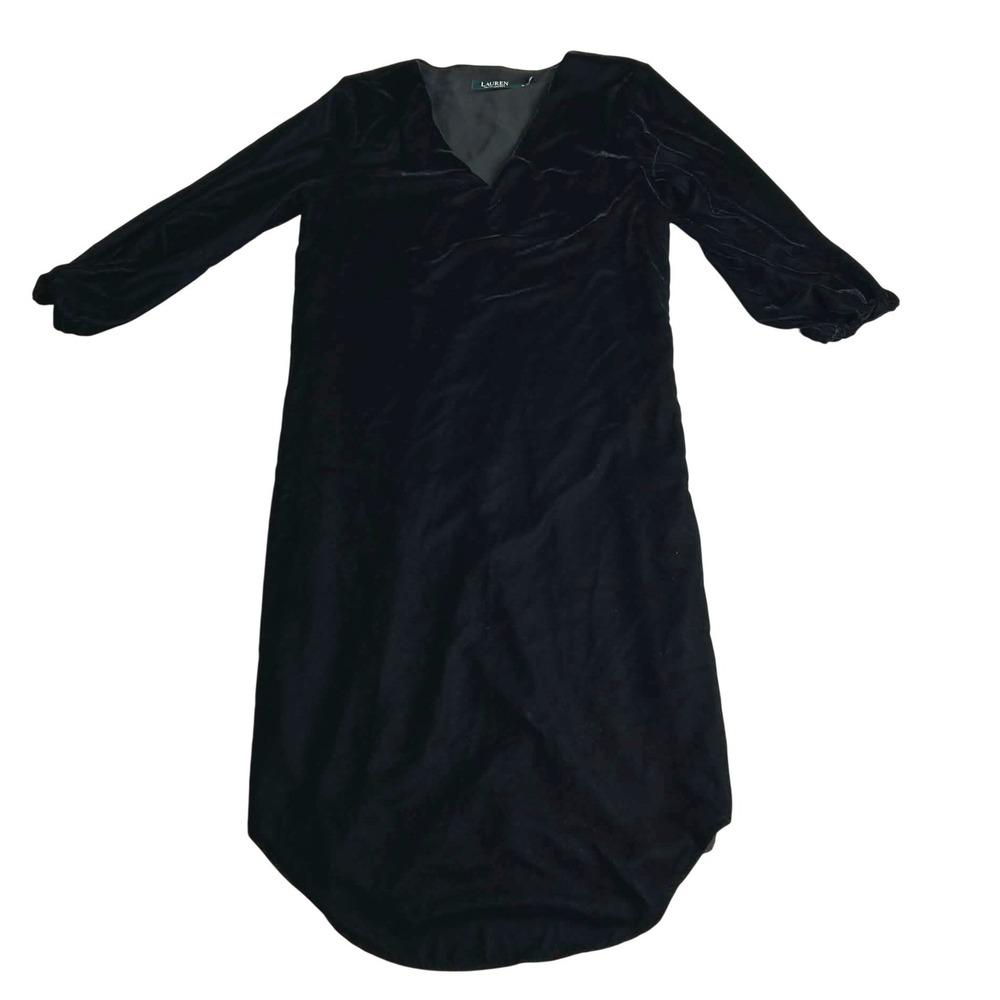 Lauren Ralph Lauren Black Velvet V-Neck Midi Dress Long Sleeve Stretchy Size 2